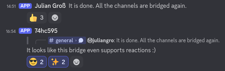 Screenshot of Discord showing bridged messages and reactions.
