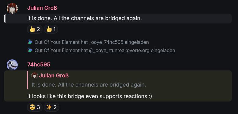 Screenshot of Element showing bridged messages and reactions.