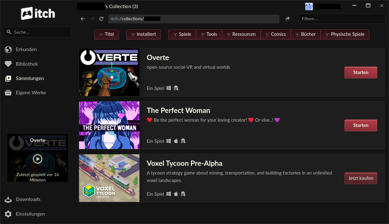 Screenshot of “itch” showing Overte in a user's collection.