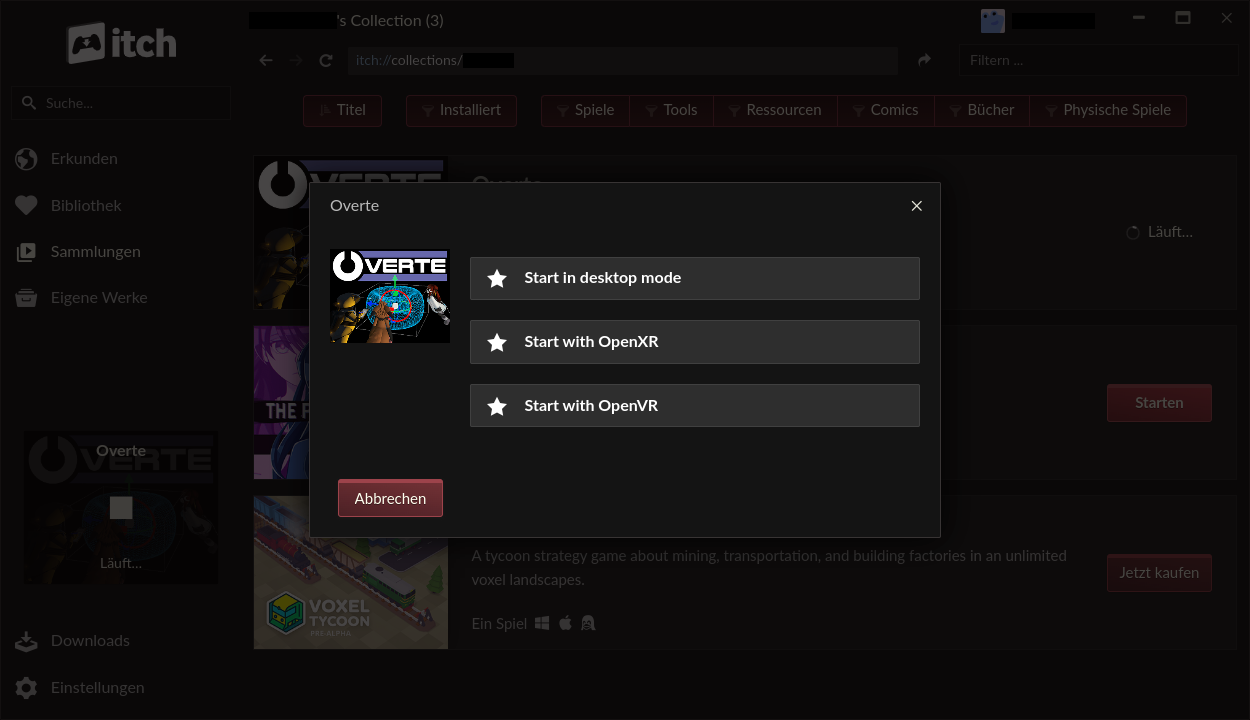 Screenshot of “itch” prompting the user to select if they want to use Overte in VR or desktop mode.